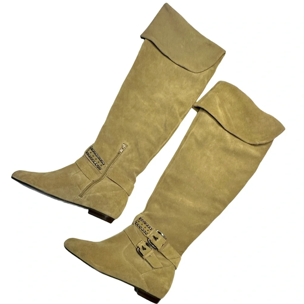 BCBG Generation | Over the Knee Suede Boot Christina New Taupe Spike Stud Accent